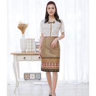 ชุดเดรสผ้าไทยไทย กั๊กลูกไม้ พร้อมซับใน ซิปหลังdc57 (สีดำ)