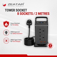 ZEATAR TOWER POWER SOCKET 8+3 WAY | USB + TYPE C | BLACK | VERTICAL EXTENSION CORD 2 METER | SIRIM A