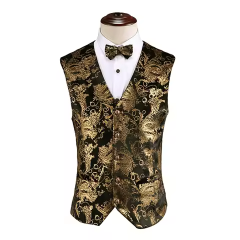 4 Seasons Plus Size Men's Suit Vest European American Gold Print Casual Formal Waistcoat