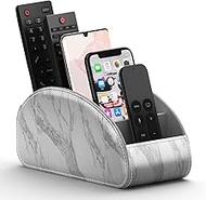 VOYUTHY Remote Control Holder for Table, All-in-One Faux Leather TV Remote Caddy/Storage Box/Supply Organize with 5 Compartments, Perfect Space Saver for End Table/Nightstand (White, Large)