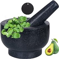 Mortar and Pestle Set Polished Granite 5.9Inch(15cm)-2.2 Cup Guacamole Molcajete Bowl for Herbs Pesto Pastes Seasonings Grinder,Spice Grinder With Spoon, Brush, Non-slip Mats(15x10cm)