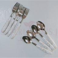 White / Black Marble Stainless Steel Fork And Spoon 5pcs set Sudu Makan Garfu Makan Sudu Garpu Stain