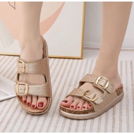 Fashion Rhinestone Buckle Two Strap Comfortable To Wear Lightweight Flat Sandals With Box