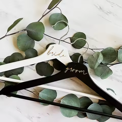 Bride and Groom Black & White Wedding Gold Lettering Hanger of 2 Wood Hangers Wedding Day Supplies P