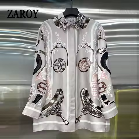 ZAROY Runway Shirt Women Tops Brand Shirts Luxurious Print Long Sleeve Satin Shirt Fashion Streetwea
