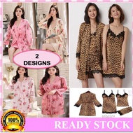 ❤️M & 4XL❤️ 4PCS SET Ready Stock Robe Kimono Flora / Leopard Satin Ice Nightdress Lingerie Pyjamas B