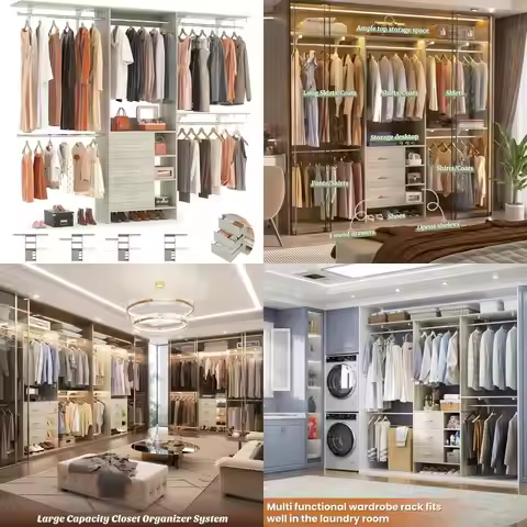 8-Foot White Oak Walk-In Closet Organizer with 3 Wooden Drawers, Suitable for 5.3 to 9 Feet Closets