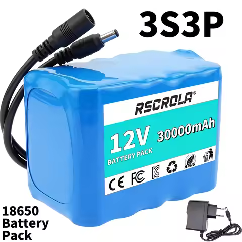 12V 30000mAh 3S3P 18650 Lithium Battery Pack with BMS + 12.6V Charger for Fishing Bicycle
