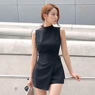 High Neck Sleeveless Jumpsuit Women Summer Korean Fashion Straight Irregular Shorts Black