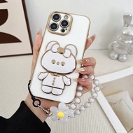 1 ชิ้น ชุดเคสโทรศัพท์และกำไลข้อมือมีลูกปัดดอกไม้ ขาตั้งโทรศัพท์เงินชุบทอง รูปกระต่าย สำหรับ IPhone 1