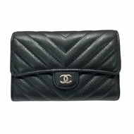 CHANEL 香奈兒 荔枝牛皮 三折 山形紋 中夾 黑銀