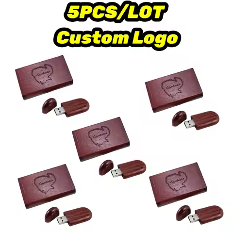 5 PCS/LOT USB Flash Drive 128G Wooden Box Pen Drive Wood USB2.0 Free Custom Logo 32GB 64GB Memory St