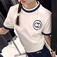 BQG9 Summer Logo Embroidered Color-Blocked Neckline Loose Short Sleeve T-Shirt for Women