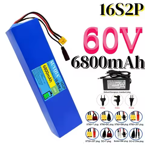 16S2P Lithium Battery Pack, 60V, 6.8Ah, 18650 Rechargeable Cells with BMS, Suitable for Electric Rid