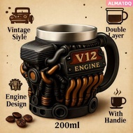 ALMA1DQ Engine Coffee Mug, 200ML Double Wall V12 Engines Stainless Steel Cup, Personalized Realistic