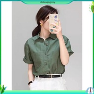 Lahstore Women's Short Sleeve Loose Linen Shirt - Off-The-Shoulder Collar & Chest Pocket