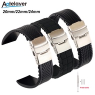 Aotelayer 20มิลลิเมตร22มิลลิเมตร24มิลลิเมตรสีดำซิลิโคนนาฬิกาวงผู้ชายผู้หญิงกีฬากันน้ำพับหัวเข็มขัดยา