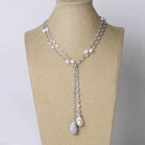 49" White Keshi Pearl Pave CZ Chain Long Necklace Jewelry