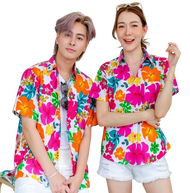 เสื้อสงกรานต์2025 ผู้หญิง-ผู้ชายใส่ได้ เสื้อฮาวาย แขนสั้น กระดุมหน้า ผ้าโพลีเอสเตอร์