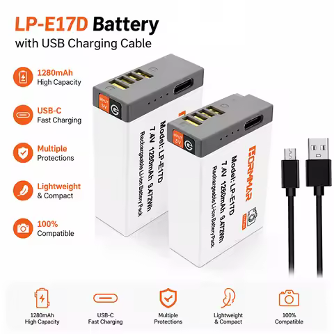 LP-E17D Battery 1280mAh USB-C Direct Charging for Canon LP-E17 EOS R50 R10 R8 M50 M6 Mark II 200D Ca