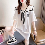 Plus Size lace-up Navy style Korean Women T-shirt