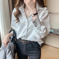 Women Korean Blue Stripe Blouse Long Sleeve LooseTop Shirts Blouse Women's Professional Office Lady 