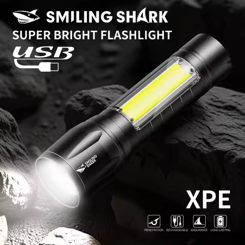 SMILING SHARK Super Bright Mini Flashlight Rechargeable 3 Modes COB Work Light Camping Waterproof SD