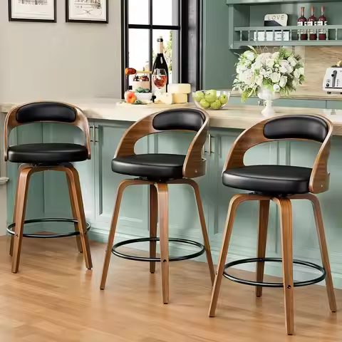 Set of 3, 26 Mid-Century Modern Swivel Bar Stools with Back, Black Faux Leather Upholstery for Kitch