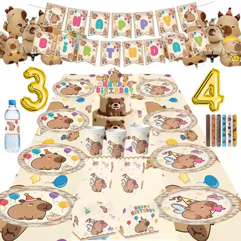 Capybara Birthday Decoration Tableware Cups Plates Cute Capybara Balloons Banner Backdrop KeyChain G