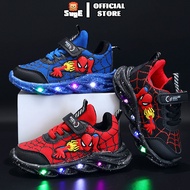 SUGE ขนาด 21-30 ชาย Spiderman รองเท้า LED รองเท้าผ้าใบสีแดงสีดำสำหรับฤดูใบไม้ผลิตาข่ายกลางแจ้งเด็ก Lighted รองเท้าลื่น
