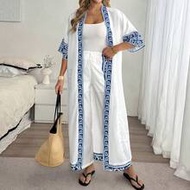 Women's Summer 2-Piece Set White And Blue Floral Kimono Cover Up And Long Pants,Autumn Boho Vacation