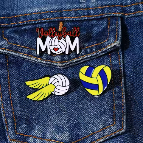 Novelty Volleyball Theme Enamel Brooches Heart Shaped Mom Wings Design Pins Sports Fans Badge