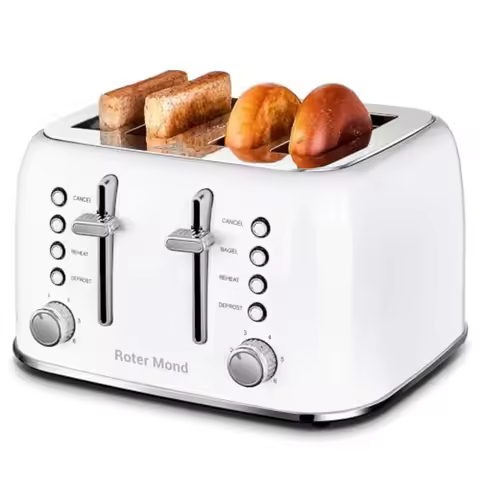 4-Slice Retro Toaster in Stainless Steel with Extra Wide Slots for Bagels Defrost and Reheat Functio