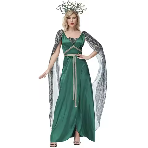 Halloween Myth Medusa Gorgon Cosplay Costume Serpentine Print Slit Dress for Women Witch Green Dress