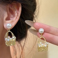 Light Luxury Unique Pearl Flower Basket Shape Earrings Unique Niche Earrings Earrings