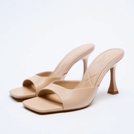 Zara รองเท้าส้นสูง หนังวัวแท้ หัวสี่เหลี่ยม หรูหรา สีพื้น สําหรับผู้หญิง