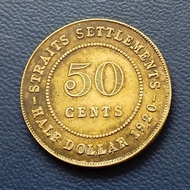 Koin Perak 50 Cents 1920 Straits Settlements George V Langka