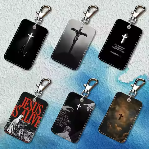 Jesus Bible Verse Christian Rectangle Access Card Case Leather Card Holder Keychain Key Ring Transpo