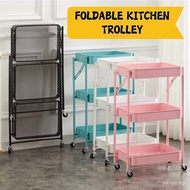 【In stock】Foldable Trolley Rack / Trolley Shelf / Kitchen Shelf Movable Trolley with Handle Bar Storage Cart Organizer HNB5