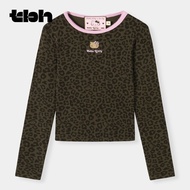 เสื้อยืดคอกลมแขนยาวผ้ากำมะหยี่ Hello Kitty สำหรับผู้หญิง เสื้อผ้าอยู่บ้าน ชุดนอน ผ้าฝ้ายยืด ลายสก็อต