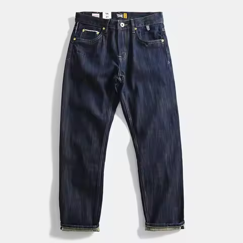 Autumn 100% Cotton Heavyweight Selvedge Raw Denim Jeans Japanese Vintage Washed Relaxed Straight Tro