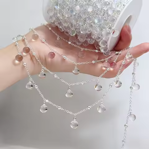 0.5/1/2M Transparent Round Glass Beads Dangle Pendant Metal Chain for DIY Teardrop Necklace Bracelet