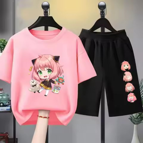 Anime Spy X Family Children T-Shirt+Bottom Wear Age 3-12 Girls Pink Set Black 2pcs Kids Set Print Su