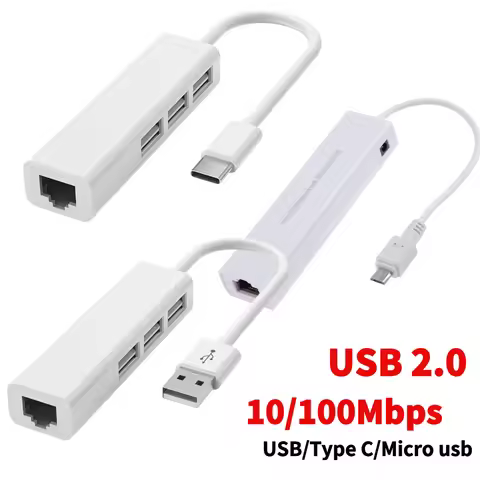 OTG 3 Port USB 2.0 HUB 10/100MB Micro USB to RJ45 LAN Adapter Network Card Type C to RJ45 LAN Ethern
