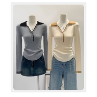 98686 All-Match Contrast Color Lapel Sweater