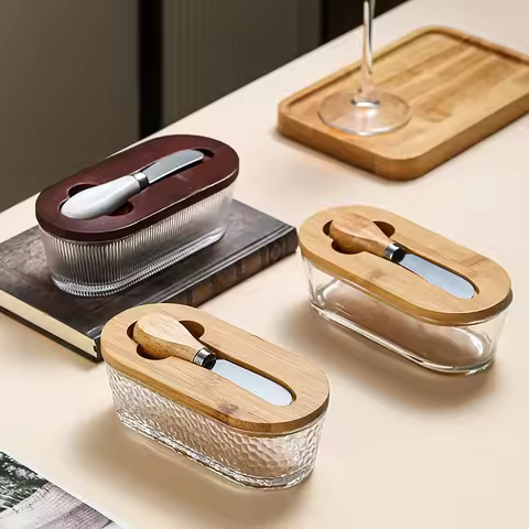 NEW Glass Butter Container Box Restaurant Sealed Storage Box Fresh Cheese Dish with Knife Butter Sli