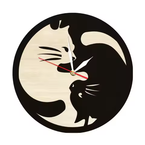 Yin Yang Cat Retro Wooden Wall Clock Boho Minimalist Home Decor Wall Watch Moon Cat Kitty Friendship