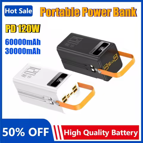 60000mAh 30000mAh Portable Power Bank LED Charger 120W Fast Charging Power Station Emergency Power B