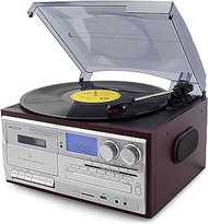 3 Speed Bluetooth Vinyl Record Player Vintage Turntable CD&amp;Cassette Player AM/FM Radio USB Recorder,with Built-in Speakers,Frosted dust cover, for Entertainment/Office/Bedroom