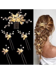 5入組金色葉片髮夾花朵新娘珍珠髮針，復古婚禮女髮配件優雅波西米亞風格